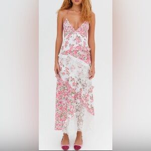 NWT For Love and Lemons Rosalyn Maxi Dress Pink White Tiered Tie Back Size XL